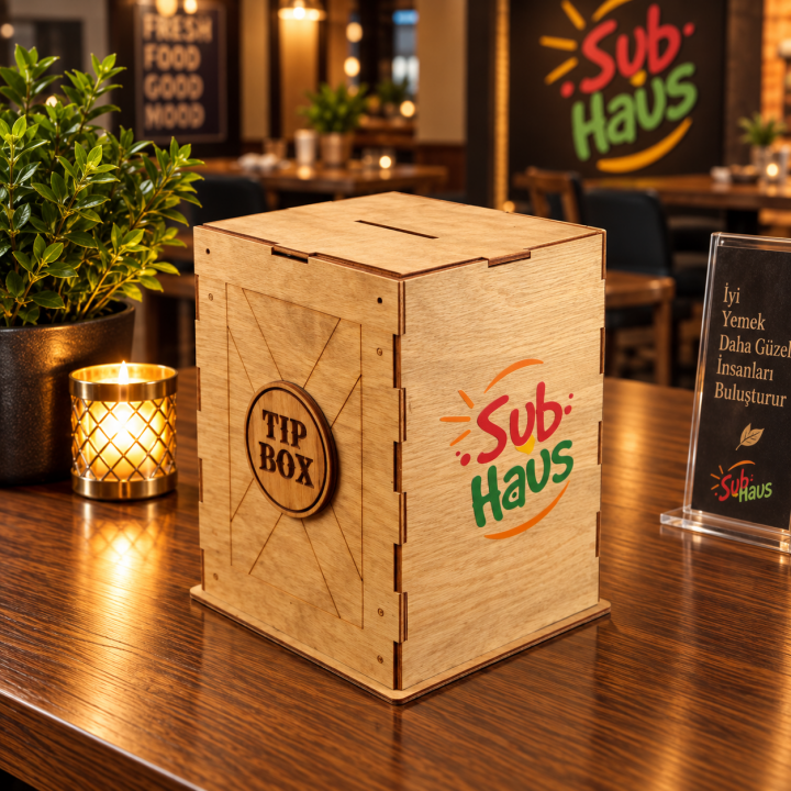 Doğal Ahşap Sıkıştırmalı Kapaklı Logo Baskılı Kilitli Tip Box Bahşiş Kutusu